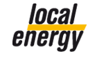 Logo mit der Aufschrift local energy in fetten schwarzen Buchstaben. Lokal steht über Energie und ist mit einer dicken gelben Linie unterstrichen. Der Hintergrund ist weiß.