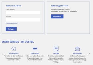 Screenshot einer deutschen Anmelde- und Registrierungsseite mit Feldern für E-Mail und Passwort und vier Service-Symbolen darunter mit der Aufschrift: Kundendaten, Zählerstand, Verträge und Rechnungen, jeweils mit kurzen Beschreibungen.