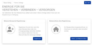 Screenshot eines Online-Portals für Energieanschlussanfragen. Zwei Optionen: Registrieren für die Portalanmeldung und Weiter zum Netzanschluss für das Fortfahren ohne Registrierung. Oben rechts befindet sich eine blaue Login-Schaltfläche.