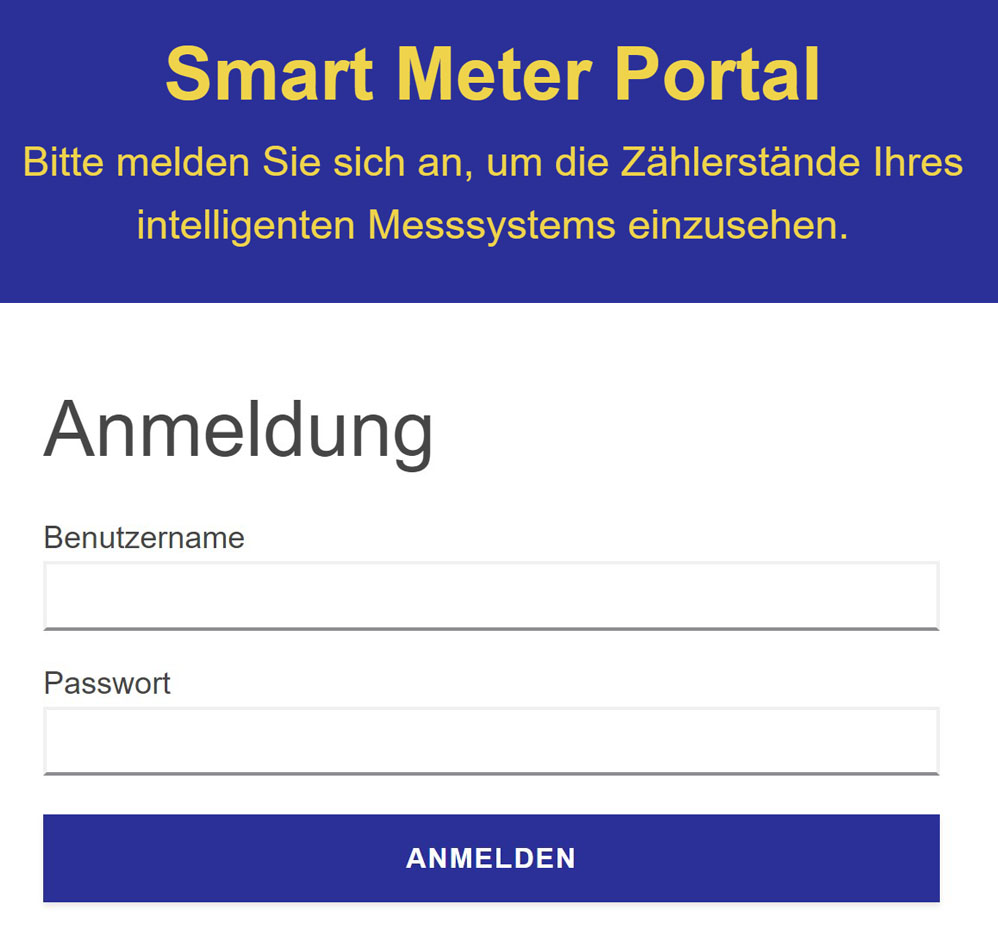 Screenshot einer Anmeldeseite für das Smart-Meter-Portal in deutscher Sprache mit Feldern für Benutzernamen und Passwort und einer blauen Schaltfläche mit der Aufschrift Anmelden (Login). Gelber und weißer Text beschreibt den Zweck des Portals.