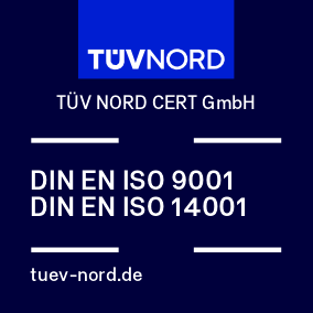 Blaue und dunkle Hintergrundgrafik mit dem TÜV NORD-Logo oben und dem Text darunter: TÜV NORD CERT GmbH, DIN EN ISO 9001, DIN EN ISO 14001 und die Website tuev-nord.de.